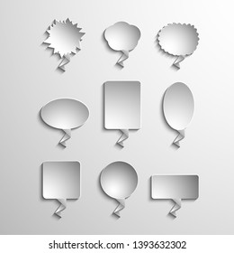 speech bubble of different shapes, circle, oval, square, rectangle, polyhedron and several abstract shapes. Bubble Spitch is filled with a gray gradient.