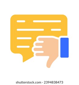 Speech bubble with dislike gesture. Thumbs down, review, rating, rate the service, feedback, comment, evaluate, communication, article, online. Colorful icon on white background
