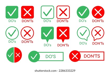 Speech bubble with Do or dont signs. Badges tick and cross icons, concept quiz mark, symbols for check list with negative or positive answer. Vector set. Round and square boxes with yes no choice