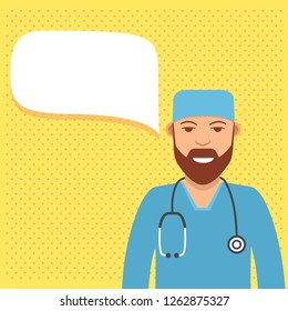 Speech Bubble Doctor. A Male Surgeon With A Stethoscope In A Uniform. Medical Robe.Flat Vector.Online Consultation Medicine.Medical Chat Bot.