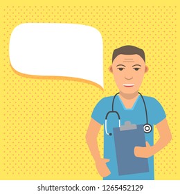 Speech Bubble Doctor. A Male Surgeon With A Stethoscope In A Uniform. Medical Robe.Flat Cartoon Character Vector .Online Consultation Medicine.Medical Chat Bot.