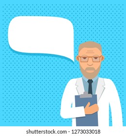 Speech Bubble Doctor. A Male Surgeon With A Stethoscope In A Uniform. Medical Robe.Flat Cartoon Character Vector.Online Consultation Medicine.Medical Chat Bot.