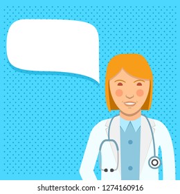 Speech Bubble Doctor. A Woman Surgeon With A Stethoscope In A Uniform. Medical Robe.Flat Female Cartoon Character Vector.Online Consultation Medicine.Medical Chat Bot.