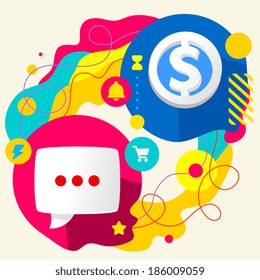 Speech bubble and dollar sign on abstract colorful splashes background with different icon and elements. Price, buy and sell. Flat design