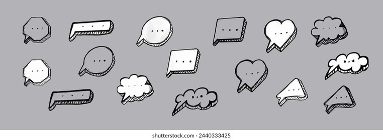 Speech bubble doodle. Funny 3D style collection of hand made sketch speech bubble icon set. Talking bubbles vector.