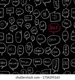 Speech Bubble doodle seamless background seamless pattern. Drawing illustration hand drawn vector on chalkboard