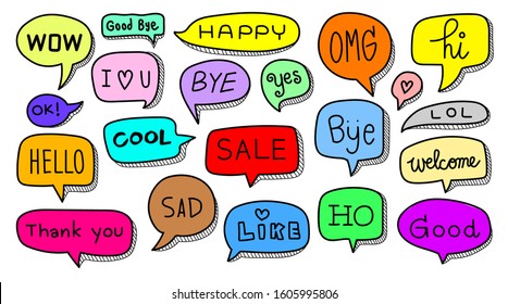Speech bubble doodle with short messages on white background. Vector illustration EPS10. Hand drawn set of cute sketch online chat clouds with words, hello, hi, love, welcome and bye symbol.
