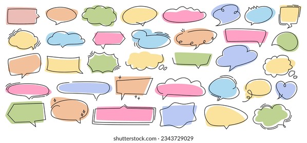 Doodles de burbuja de voz, globos dibujados a mano aislados de dibujos planos de dibujos vectores de dibujos animados conjunto de iconos. Nubes vectoriales de charla y de conversación, formas de texto, marcos de papel de mensaje,