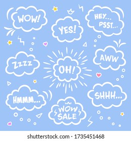 Speech bubble doodles set. Hand-drawn outline comic dialog clouds. Cartoon speech balloons with hearts, zigzag elements, stars, triangles. Chat and dialog clouds. Vector Illustration.