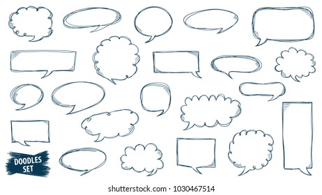 Speech bubble doodles set. Scribble frames collection. Sketch vector. Hand drawn effect illustration. Social media messages. Comics text. Chat or dialog clouds set. Scrawl graphics isolated on white.