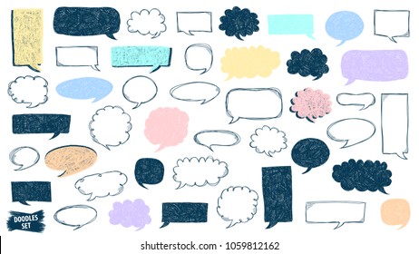 Speech bubble doodles set. Scribble frames collection. Sketch vector. Hand drawn. Speech bubbles bundle. Social media messages. Comics text. Chat or dialog clouds. Scrawl graphic isolated on white.