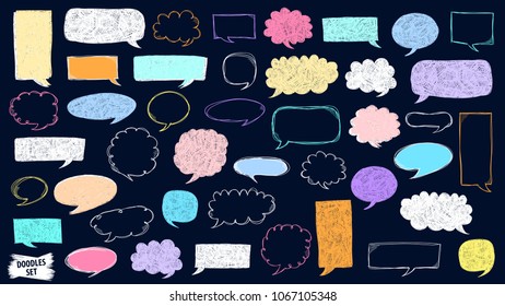 Speech bubble doodles set. Scribble frames. Sketch vector. Hand drawn effect illustration. Doodles. Social media messages. Comics text. Chat or dialog clouds set. Scrawl graphics isolated on white.