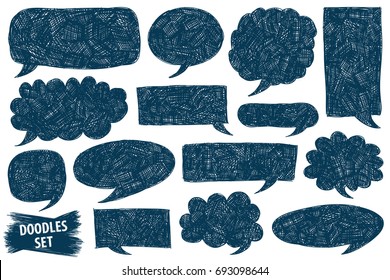 Speech bubble doodles set. Scribble frames collection. Sketch vector. Hand drawn effect illustration. Messages, phrases, text, chat, talk or dialog clouds set. Scrawl graphics isolated on white.