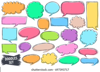 Speech bubble doodles set. Scribble frames collection. Sketch vector. Hand drawn effect illustration. Messages, phrases, text, chat, talk or dialog clouds set. Scrawl graphics isolated on white.