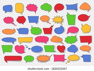 Speech bubble with dotted shadow and space for phrases set. Colorful cartoon comic bubbles and clouds of various shapes for speech phrases, conversation text and words in isolated vector illustration.