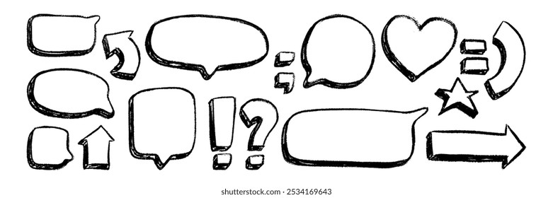 Bolha de fala desenhada por mãos com textura de lápis. Ilustração vetorial em estilo cômico. Coleção retrô de quadros de fala texturizados e outros símbolos.