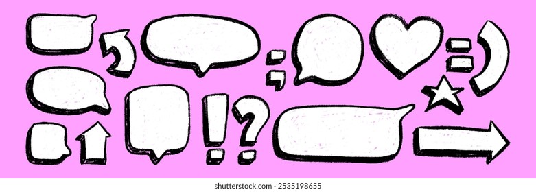 Bolha de fala desenhada por mãos com textura de lápis. Ilustração vetorial em estilo cômico. Coleção retrô de quadros de fala texturizados e outros símbolos.