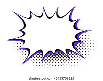 Una burbuja de discurso bordeada por un patrón de semitonos en negro y púrpura, ideal para transmitir conversaciones acaloradas o anuncios dramáticos.