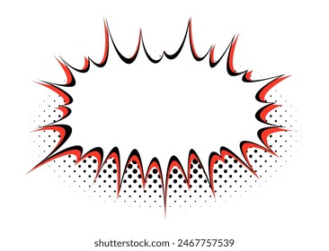 A speech bubble edged with a flame-like halftone pattern in black and red, ideal for conveying heated conversations or dramatic announcements.
