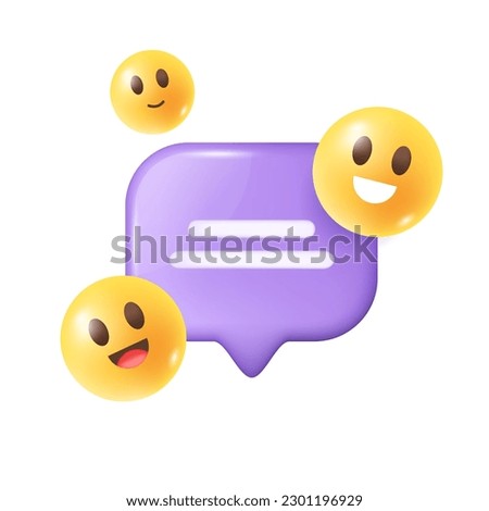 Speech bubble with emoticons 3d vector illustration. Social media icon and happy faces for networking sites or apps in cartoon style isolated on white background. Online communication concept