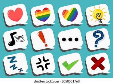 Speech bubble with emotions icon set. Balloon emotion feeling icon. Square rounded corner shape. Vector illustration isolated.