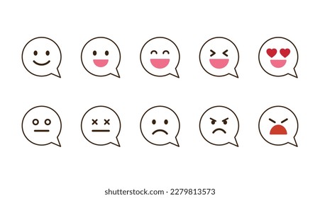 Speech bubble with emotions icon set. Vector set of cartoon character sentiment icon. Various facial expressions including happy, neutral, sad, angry. Emoji social network reactions icon. 