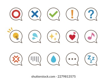 Burbuja de voz con conjunto de iconos de emociones. Conjunto vectorial de signos de expresión de caricatura, elementos de diseño de efectos emoticonos, símbolos de emoción de personajes de dibujos animados