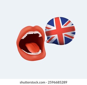 Speech bubble with English flag and bubble with message. English course to learn in internet school. Digital education, elearning concept. Studying foreign language online, translator. English edu