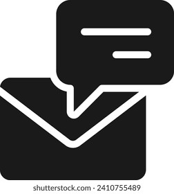 Burbuja de voz con el icono de glifo negro sobre. Notificación por correo electrónico. Recibir nueva carta. Comunicación en línea. Símbolo de silueta en el espacio blanco. Pictograma sólido. Ilustración aislada del vector