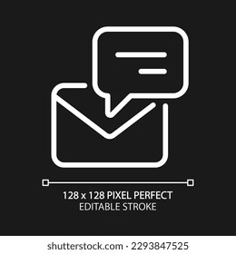 Speech bubble with envelope pixel perfect white linear icon for dark theme. Email notification. Online communication. Thin line illustration. Isolated symbol for night mode. Editable stroke