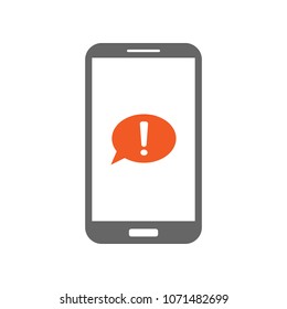 Speech bubble with exclamation point on smartphone screen. Important message icon. Vector.