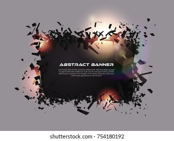 Speech bubble, exploding effect. Abstract explosion black pieces with lens flare. Explosive destruction. Particles on dark banner background. Vector illustration. Easy editable.