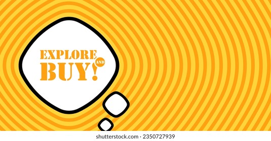 Burbuja de voz con explorar y comprar texto. El estilo retro del cómic boom. Estilo de arte pop. Icono de línea de vector para empresas
