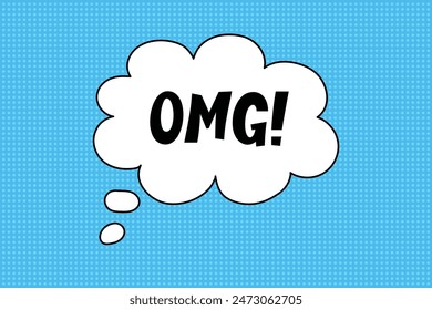 Speech bubble with the expressive inscription OMG, a comic-style cloud on a bright blue background. Banner in pop art style with halftone backdrop, doodle element.