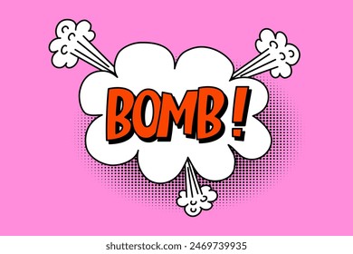 Speech bubble with expressive red inscription bomb, cloud and explosion in comic style on a bright pink background. Banner in pop art style with halftone shadow, doodle element.