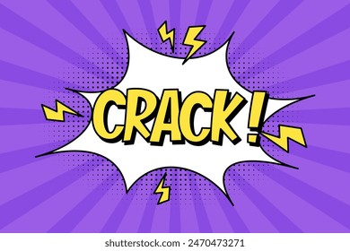 Speech bubble with expressive yellow inscription crack, explosion and lightning in comic style on a bright purple background. Banner in pop art style with halftone shadow, doodle element.