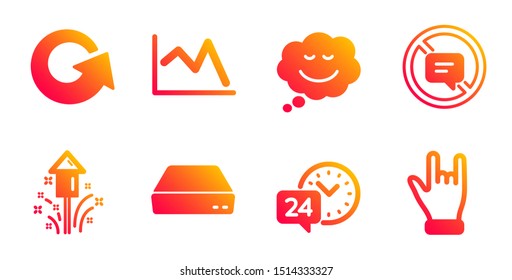 Speech bubble, Fireworks and 24h service line icons set. Line chart, Reload and Stop talking signs. Mini pc, Horns hand symbols. Comic chat, Christmas pyrotechnic. Business set. Vector
