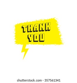 Speech bubble flat icon, Thank You, design in yellow. Textured and painted with watercolor. Balloon made of paint brush and stroke.  