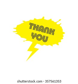 Speech bubble flat icon, Thank You, design in yellow. Textured and painted with watercolor. Balloon made of paint brush and stroke.  