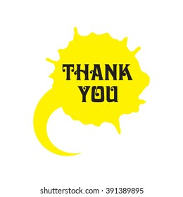 Speech bubble flat icon, Thank You, design in yellow. Textured and painted with watercolor. Balloon made of paint brush and stroke.  