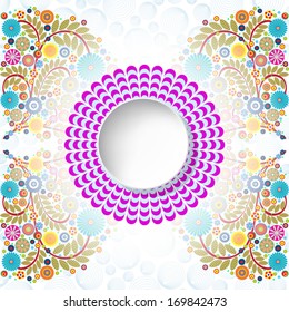 Speech bubble, Floral frame with leaves, grunge  Greeting card with summer elements, place your text inside the label. Ornament made of flowers.