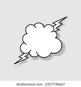 Speech bubble in the form of a cloud with a lightning bolt isolated on a gray background. Template for comics, cartoon, web design. Vector flat illustration.