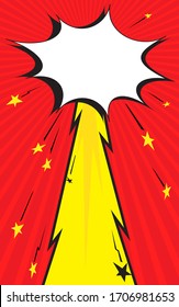 Speech bubble in form flying up star or meteor. Boom pop art cloud. Effect motion rays. Vector bright dynamic cartoon illustration. Template for design comic book and manga