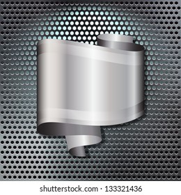 A speech bubble in the form of a scroll of silver ribbon, with space for your text, over a back-lit metal grille. EPS10 vector format.