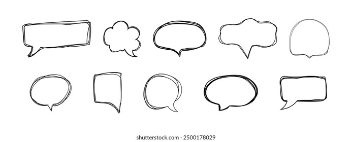 Speech bubble frame scribble fast hand drawing, pent or marker drawing. Comic sketch border, highlight. Cloud, heart, circle bubble chat, text box.