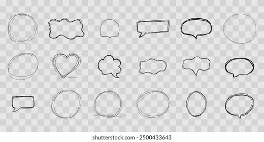 Speech bubble frame scribble fast hand drawing, pent or marker drawing. Comic sketch border, highlight. Cloud, heart, circle bubble chat, text box.