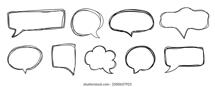Speech bubble frame scribble fast hand drawing, pent or marker drawing. Comic sketch border, highlight. Cloud, heart, circle bubble chat, text box.