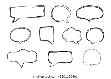 Speech bubble frame scribble fast hand drawing, pent or marker drawing. Comic sketch border, highlight. Cloud, heart, circle bubble chat, text box.