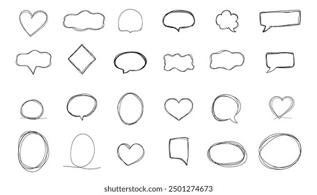 Speech bubble frame scribble fast hand drawing, pent or marker drawing. Comic sketch border, highlight. Cloud, heart, circle bubble chat, text box.