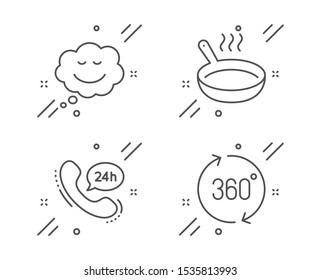 Speech bubble, Frying pan and 24h service line icons set. 360 degrees sign. Comic chat, Cooking utensil, Call support. Full rotation. Business set. Line speech bubble outline icon. Vector